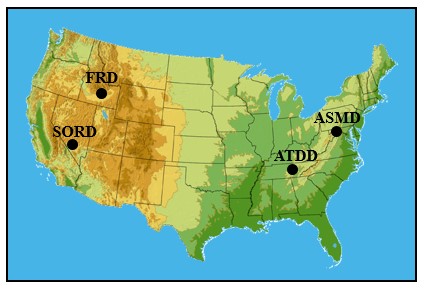 Map of the U.S. with SORD, FRD, ATDD, and ASMD shown above their respective states.