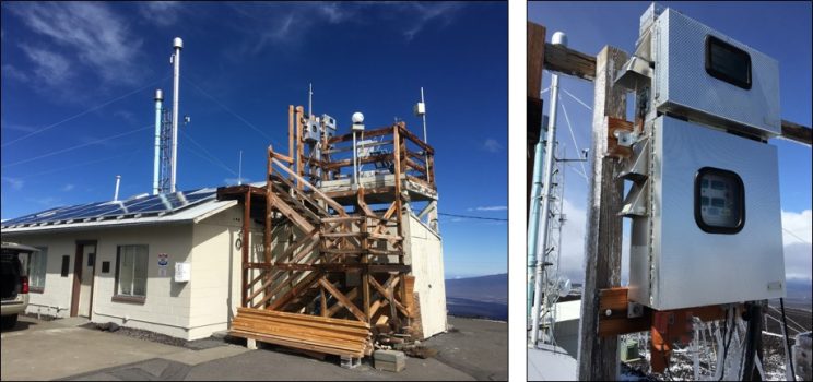 Two photos. Left: One-story concrete building with solar panels on the roof and a wooden staircase/platform on the right side. Instrumentation visible on the platform, towers visible in the background. Right photo: Close-up of two metal boxes, each with a clear window near the center. Ice is seen on the wiring below the boxes.
