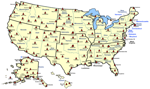 Map of the US including Alaska and Hawaii, with locations marked with triangles all over it.