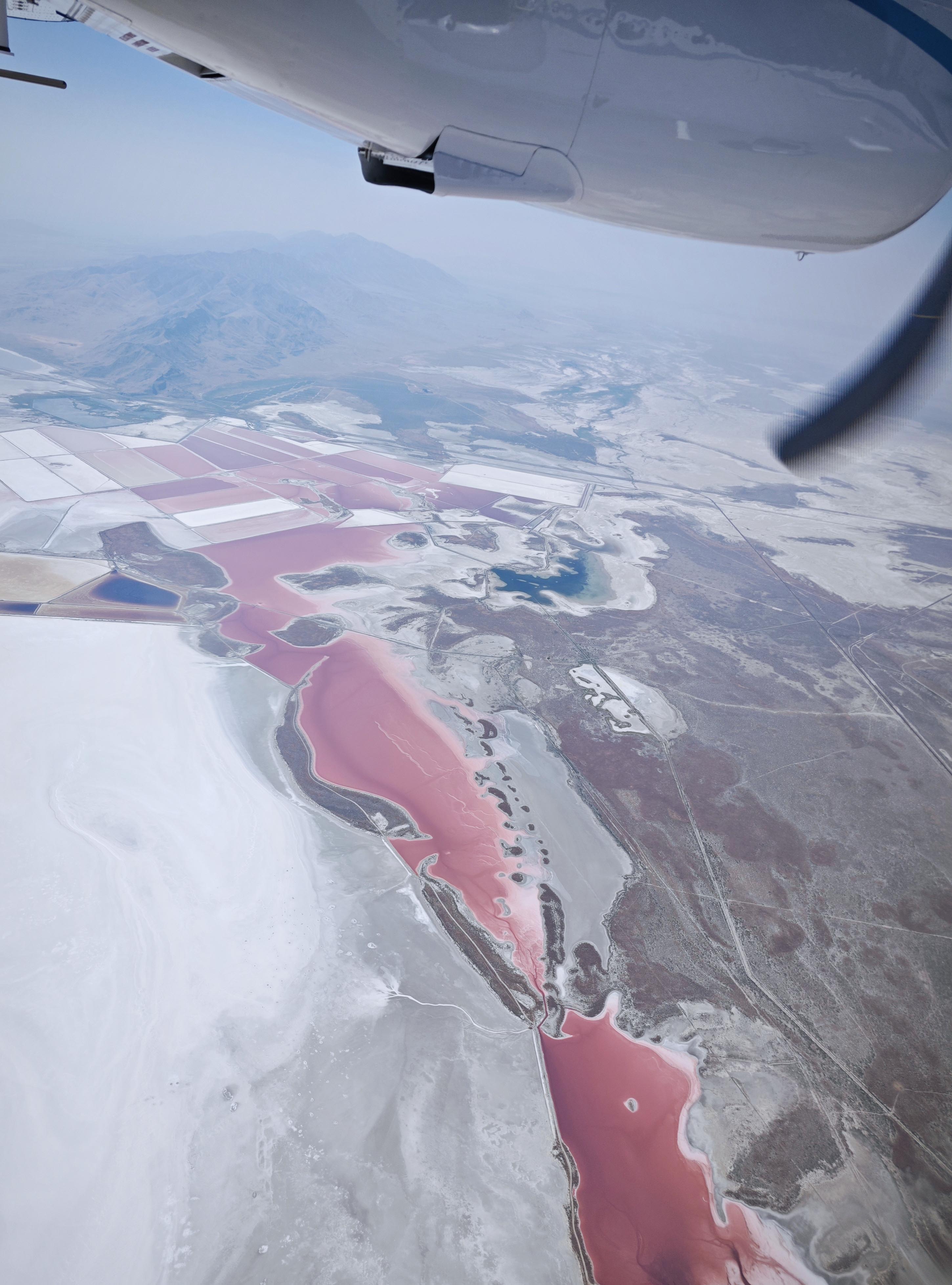 photo of pink lakes, white sand shore, and surrounding landscape from the window of a propeller plane